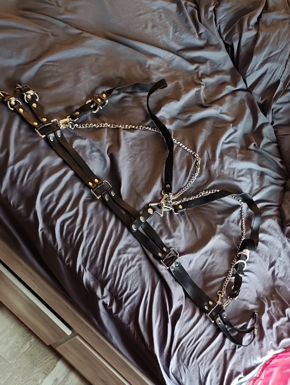 Black Leather Harness with Silver Chains